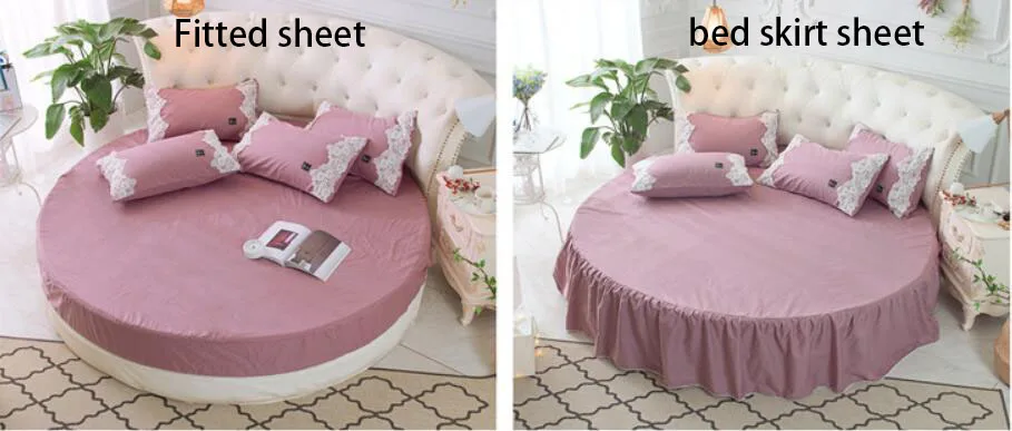 100% Cotton Round Bed 4 PCS set Romantic Embroidery Pillowcase & Duvet Cover Fitted Sheet and Bed Skirt 200cm 220cm