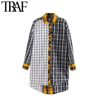 

TRAF Women Vintage Fashion Patchwork Plaid Oversized Blouses Lapel Collar Long Sleeve Irregular Female Shirts Blusas Chic Tops