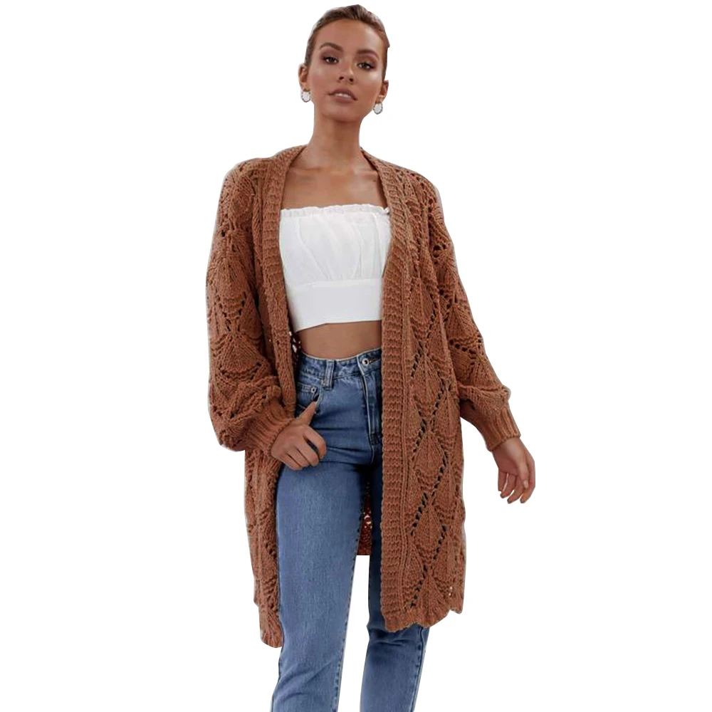 Pure Color Hollow Cardigan Knitted Women Autumn Outfit Knit Oversized Plus Size Sweaters Long Leisure Sweater New