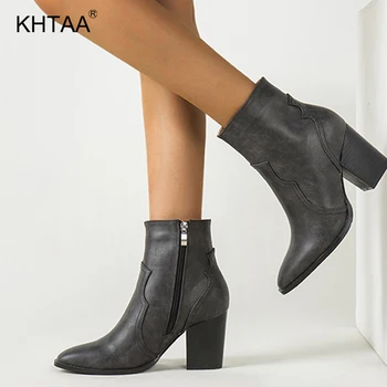 

Women Retro Ankle Boots Ladies Pointed Toe Zipper Sewing Square Heel Shoes Female Fashion Casual Boots Woman Footwear 2020