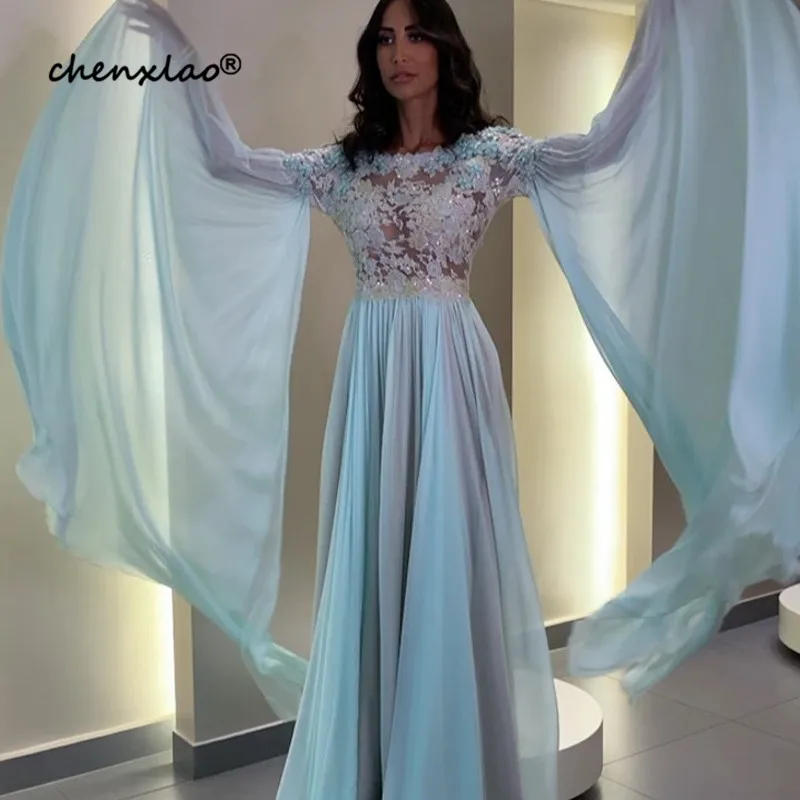 

2020 New Sky Blue Evening Dresses Long Chiffon A-Line Lace Appliques V-Back Floor Length Evening Dress Formal Gowns Party Dress