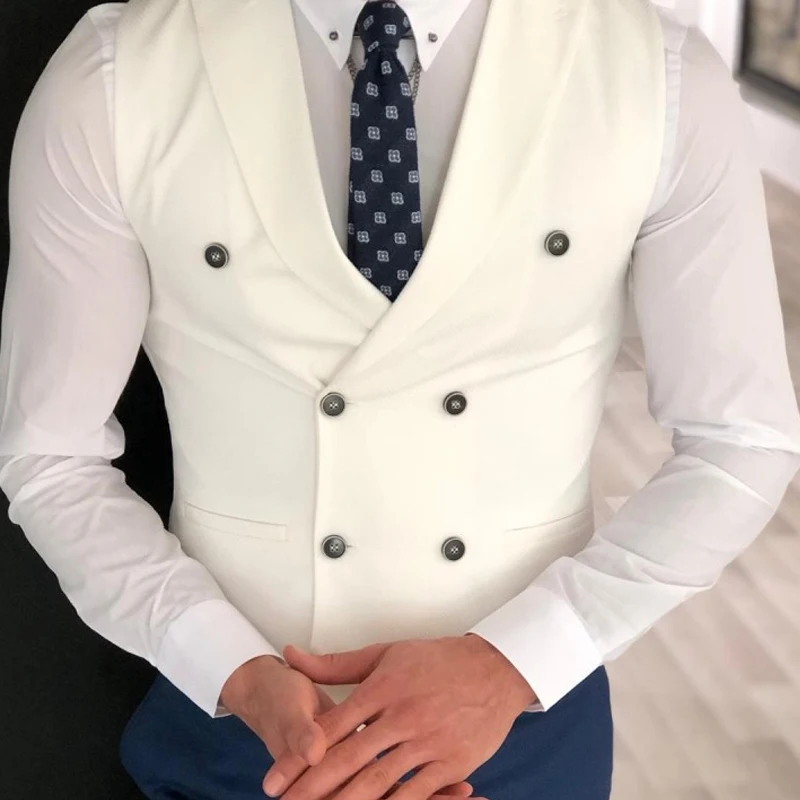 White Slim Fit Men Vest with Double Breasted One Piece Custom Male Suit Wasitcoat Peaked Lapel Wedding Gromsmen Waist Coat New 6