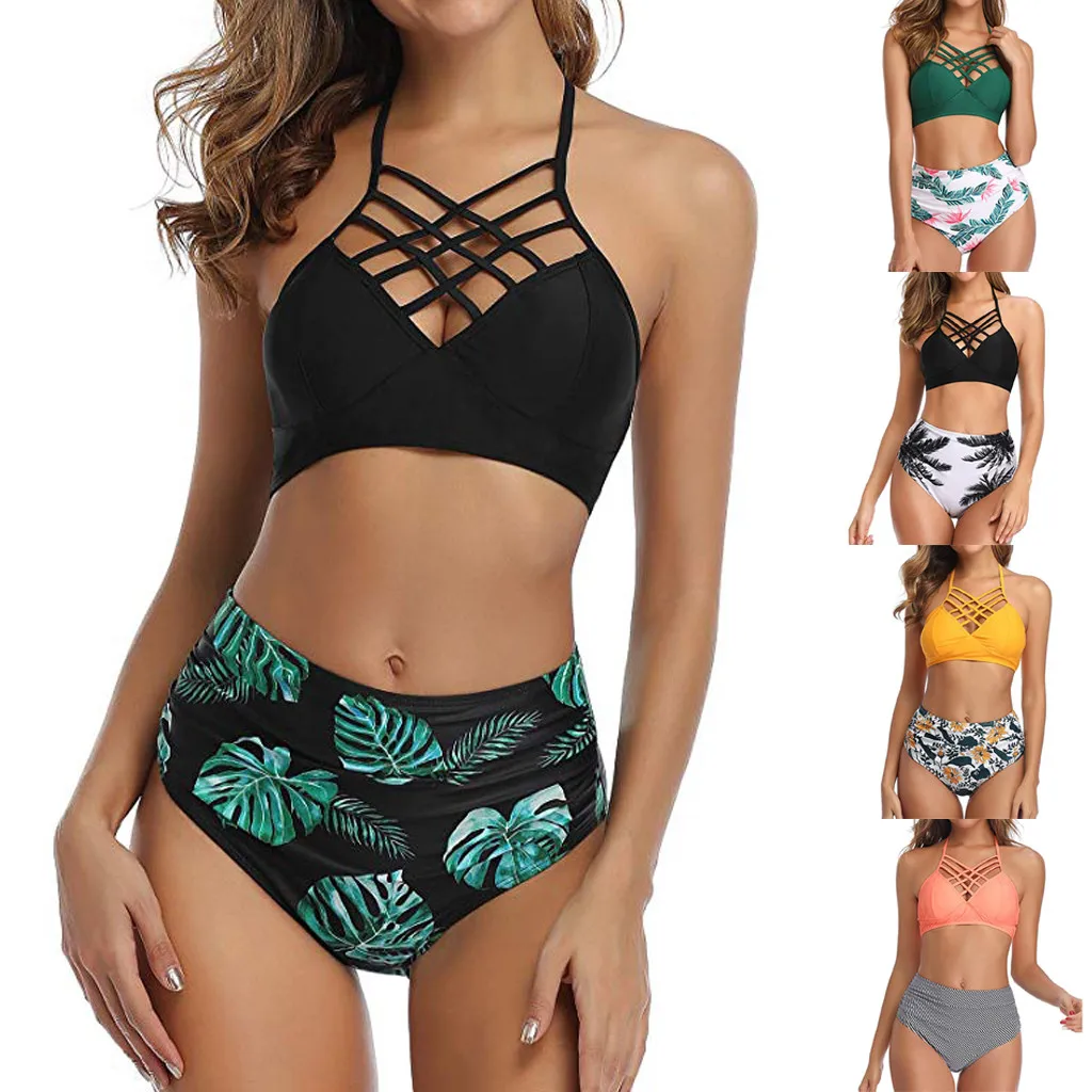 

Summer Sexy Women Two Piece Swimwear Bathing Suit Top Stagger High Waist Bottom Bikini Set Swimsuit Beachwear biquini tankini