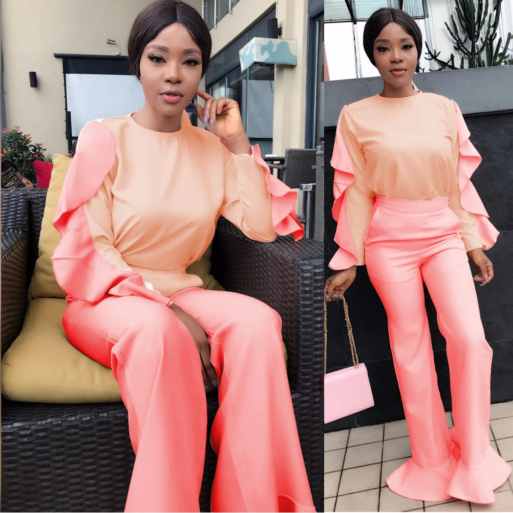 

Autumn Winter 2 pieces set for Women pink Ruffles Long Sleeve Top Flare Pants Elegant Two Piece Set Tracksuit Outfit Sweatsuit
