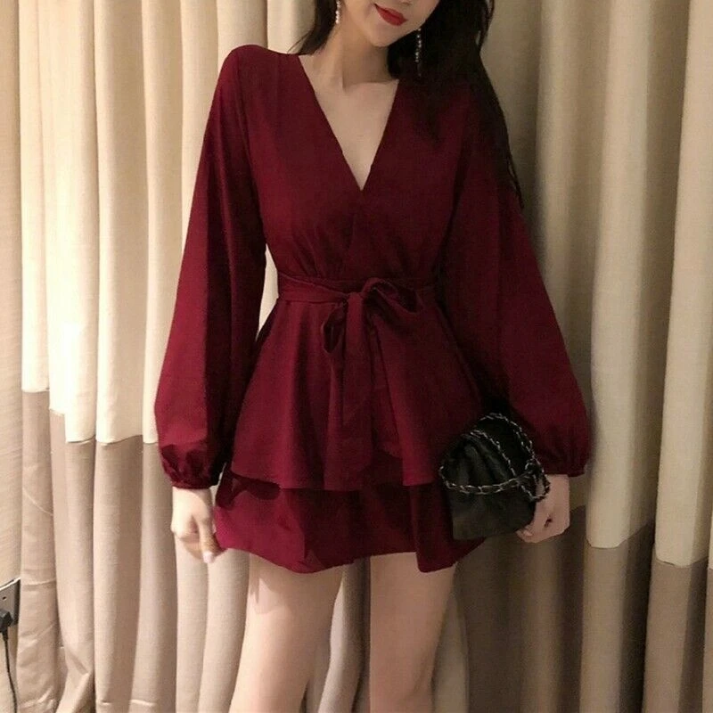 

Sexy V Neck Puff Women Spring Summer Solid Dress Long Sleeve Mini Party Dress Ruffles Elegant Dress Clothes