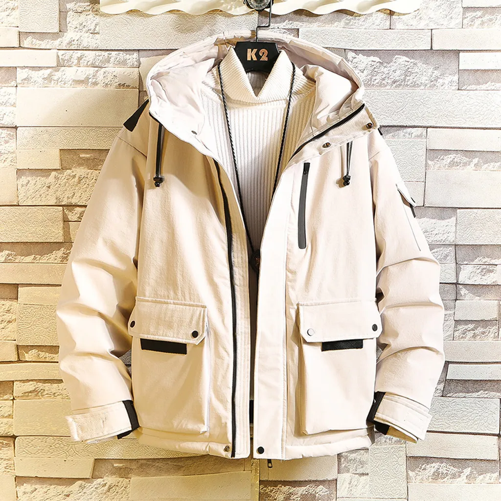 New Fashion Men's Winter Casual Solid Color Hooded Warm Cotton Clothing Slim Fit Bomber Jacket Male Windbreaker Men Coats 12.7