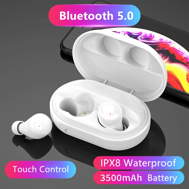 Спортивные наушники TWS IPX8 3500 мАч Bluetooth V5.0 сабвуфер стерео звук сенсорное