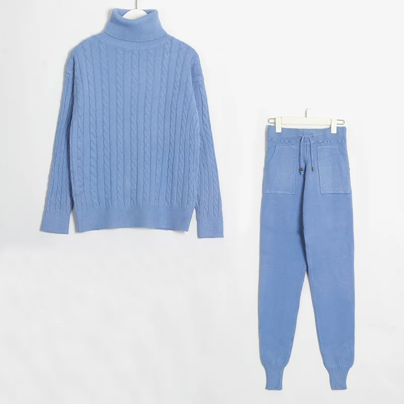 Wixra Stylish Knit Suit Womens Casual Solid Two Piece Sets Turtleneck Sweater and Lace-up Pant Female Suits Autumn Winter - Цвет: Sky Blue