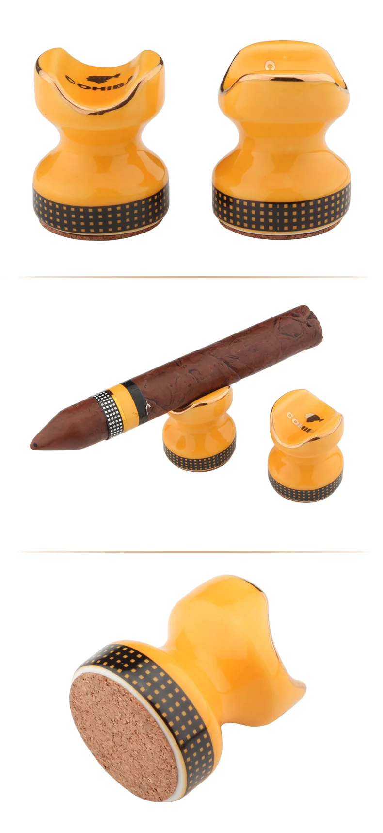 2pcs COHIBA Classic Yellow Ceramics Travel Cigar Holder Showing Stand Ashtray 