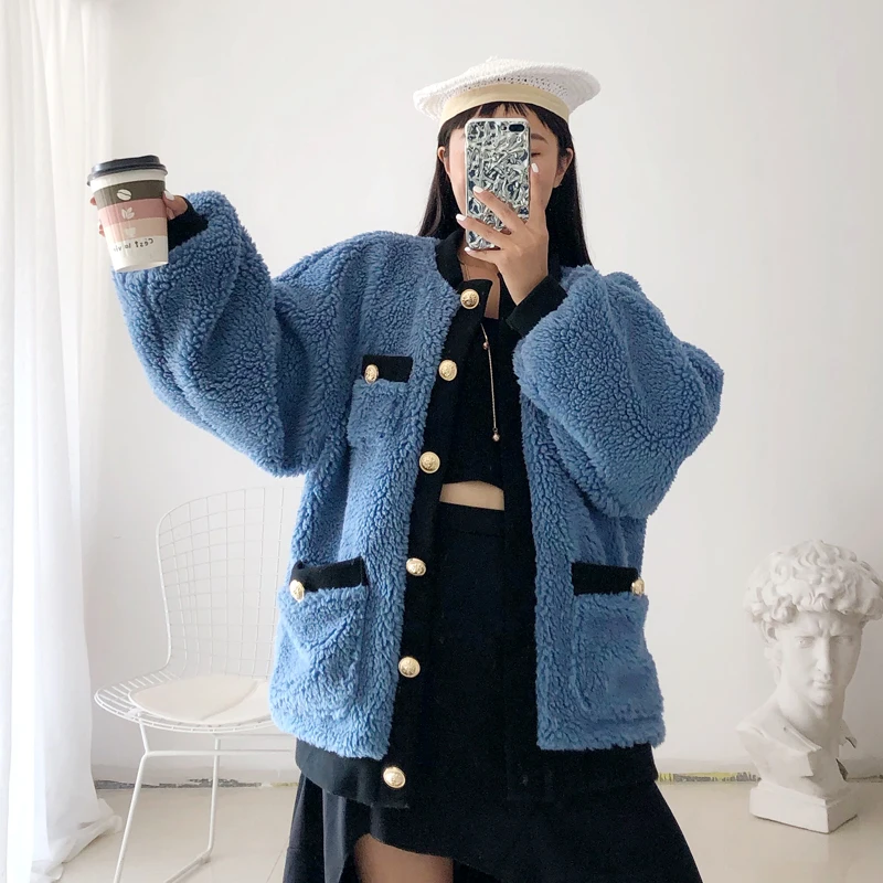 new autumn winter women single breasted loose faux fur coatsgolden buttons o-neck lamb wool jackets w1991
