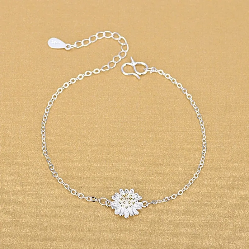 Solid 925 Sterling Silver Jewelry Daisy Flower Anklet For Women Girls