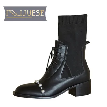 

MLJUESE 2021 women Ankle boots Cow leather Winter short plush Round Toe Med heels female Riding boots size 40