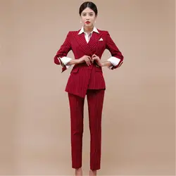 Высококачественная Офисная Женская осенне-зимняя Женский комплект 2 шт. в полоску, красный, с вырезами, нестандартный костюм, пальто +