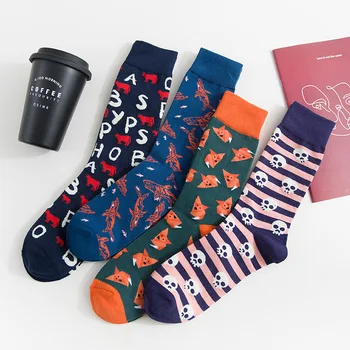 

Cartoon pattern print sock fox skeleton shark letter autumn winter men cotton sock soft comfort breathable fashion casual funny