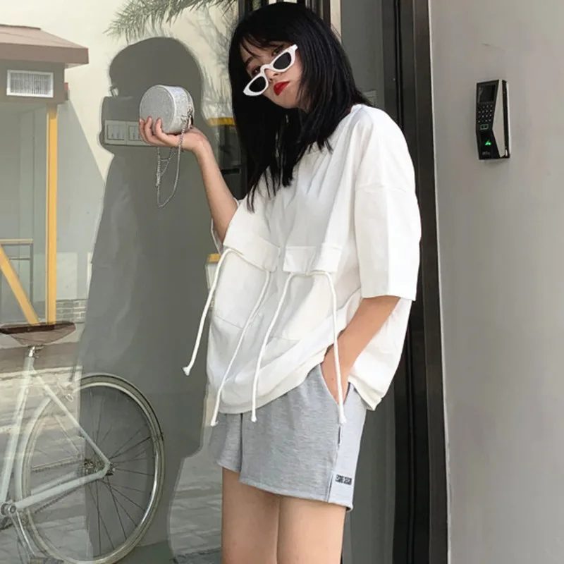 New Summer Fashion Women Clothes Half Sleeves Pocket Round Neck Loose Pullover T-shirt Female Top E367
