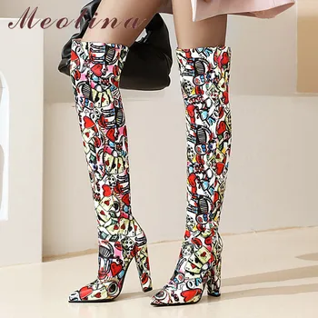 

Meotina Women Long Boots Shoes Slip On Extreme High Heel Over The Knee Boots Pointed Toe Thick Heels Thigh Boots Winter White 43