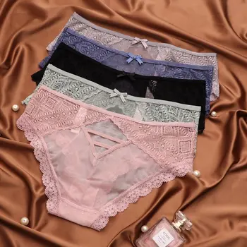 

SP&CITY Lace Dot Embroidery Transparent Underwear For Women Bandage Sexy Briefs Sweet Bow Hollow Out Seamless Panties Lingerie