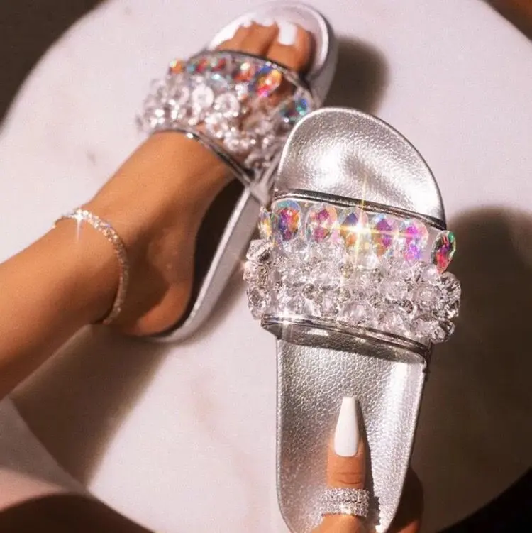 

Fashion Summer Women Slippers Outside Slip-On Jelly Shoes Crytal Flat Beach Sandals Outdoor Holiday
