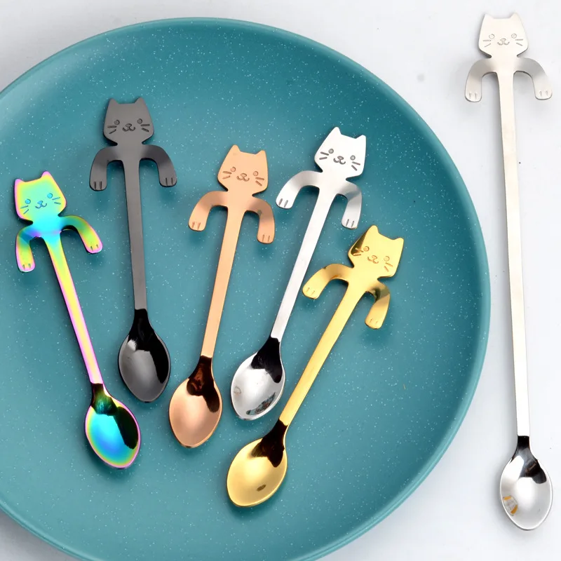 

Cute Cat Spoon Ice Cream Tea Long Handle Spoons Flatware Drinking Tools Kitchen Gadget Coffee Cup Accessories Scoops