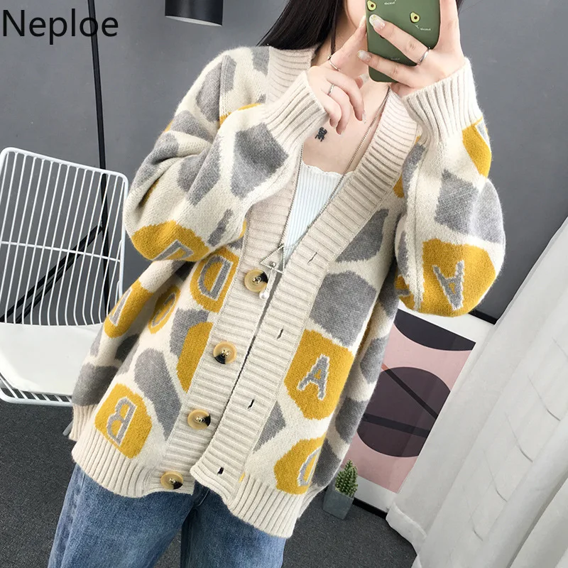 Neploe/винтажный Модный кардиган с v-образным вырезом, свитер для женщин, свободный, тонкий, студенческий, с принтом, Повседневный, Осень-зима, Pull Femme 46508