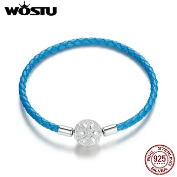 

WOSTU 100% 925 Sterling Silver Blue Leather Rope Snowflake Bracelet 17 -19cm Chain Link For Women Original Design Jewelry CQB196