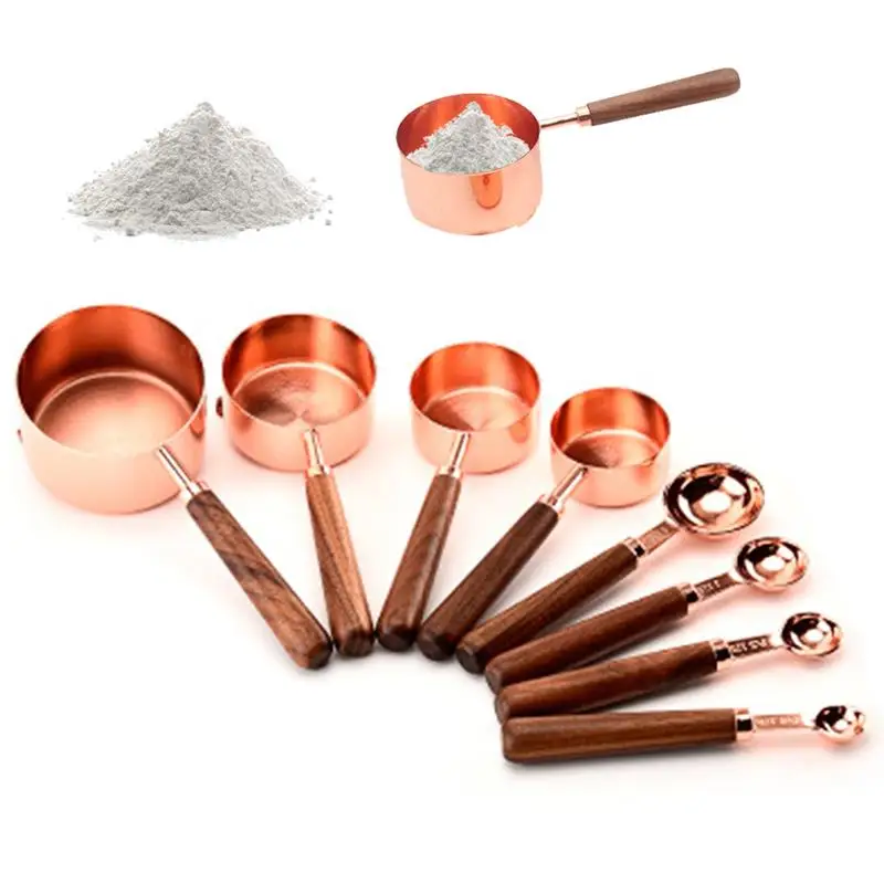 

Household Kitchen Dining Bar Baking Tools Walnut Wooden Handle Copper Plating Measuring Cups Spoon Cake Sugar Tools Set
