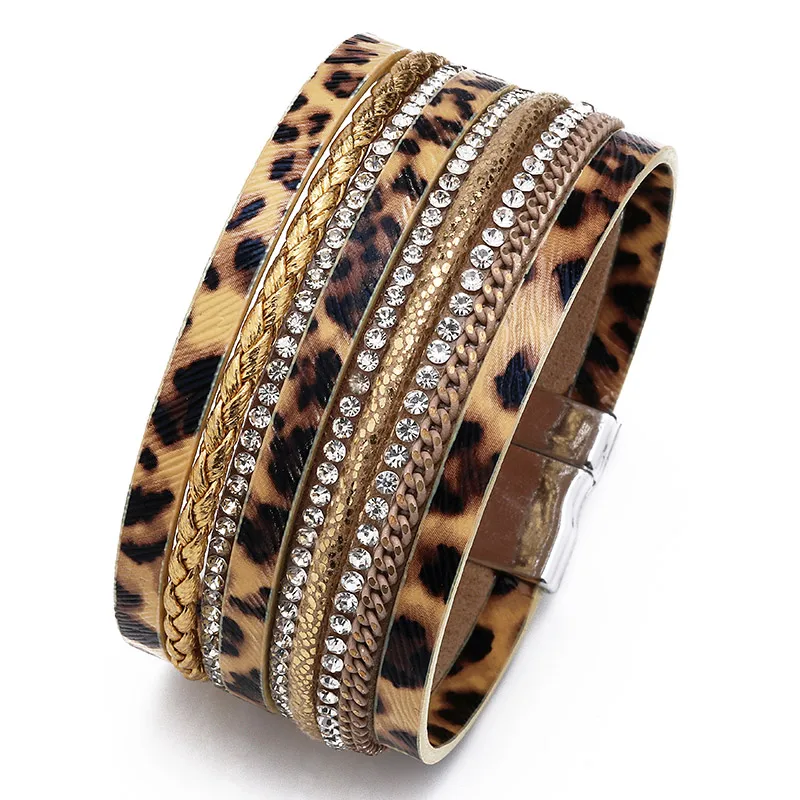 ZG кожаный браслет с леопардовым принтом для женщин, многослойный браслет с кристаллами, Женские Ювелирные изделия - Окраска металла: gold