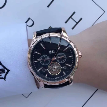 

Rose gold black dial Skeleton luxury men Automatic self-wind watch Glass open back 44mm 1:1 leather strap AAA quality