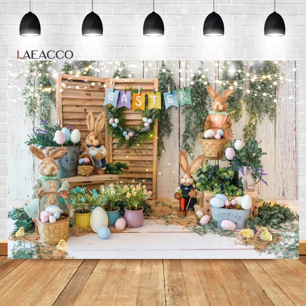 

Laeacco Spring Easter Rabbit Photography Background Wood Board Flowers Eggs Newborn Kids Birthday Portrait Photoshoot Backdrops