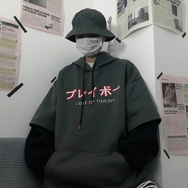 Neploe Heavy Letters Embroidery Hooded Sweatshirt Unisex Fleece Hoodies Autumn Winter Fake Two Pieces Jumper Pullover 55571