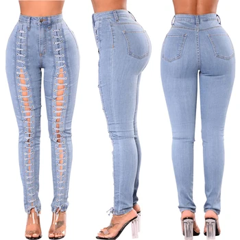 

Women Jeans 2019 Summer Fashion Hollow Out Cross Strap Bandage Denim Pencil Pants Ladies Mid Waist Sexy Lace Up Hole Tight Jeans