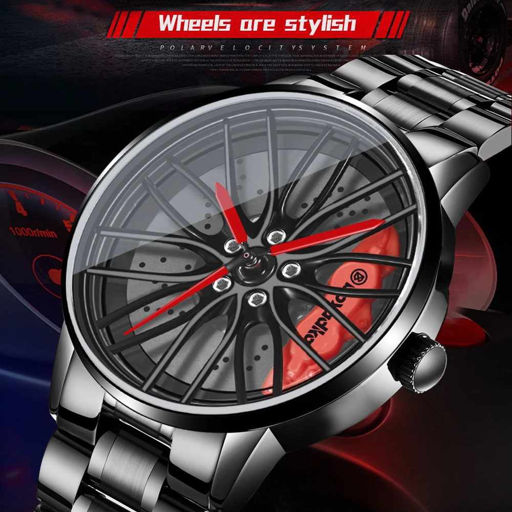 2021 New Luxury Watch for Men Auto Racing Car Watches Wheel Rim Hub Designed Steel Watch for Car Owner Cars Fans Auto Race