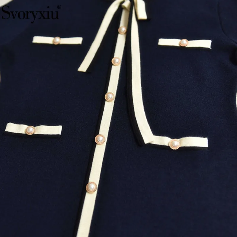 Svoryxiu осень зима Подиум высокого класса шерсть вязание лук платье женское с длинным рукавом однобортный мягкий свитер платья