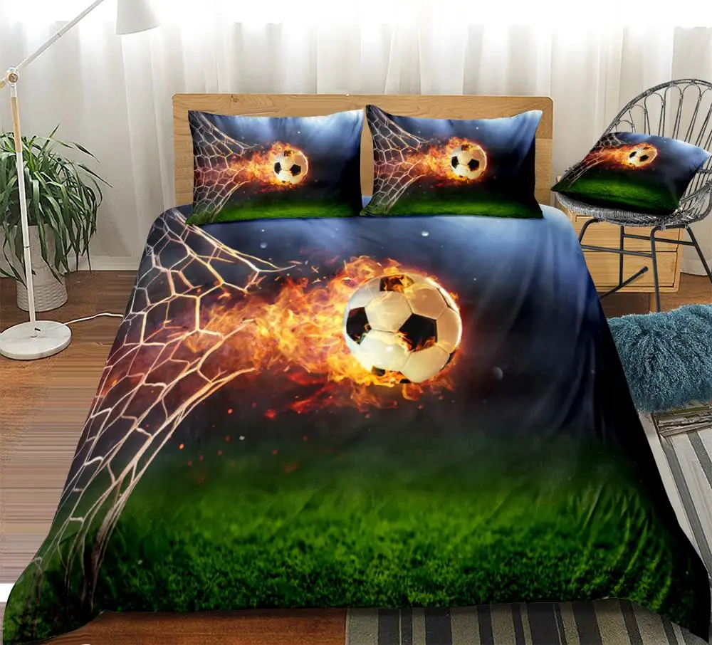 3d Football Duvet Cover Set Fire Soccer Ball Bedding Kids Boys Teens