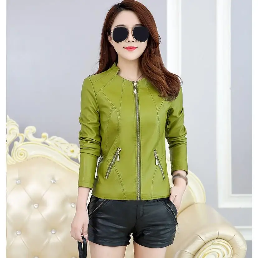5Xl осенне-зимняя женская куртка из искусственной кожи, женская модная куртка размера плюс, мотоциклетная куртка на молнии, верхняя одежда - Цвет: Зеленый