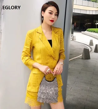

High Quality New 2020 Summer Blazer Suits Women Notched Collar Goemetric Patterns Blazer Coat+Lace Patchwork Short Sets 2 Piece