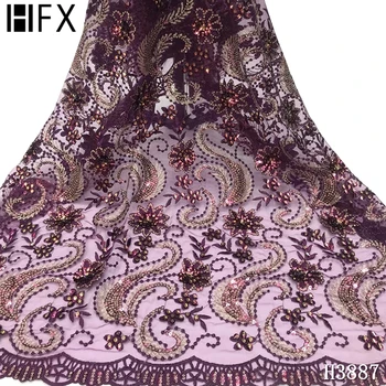 

HFX African lace fabric high quality lace Sequins lace fabric 2020 French Net lace Embroidery Sequin Mesh fabric for Party F3887