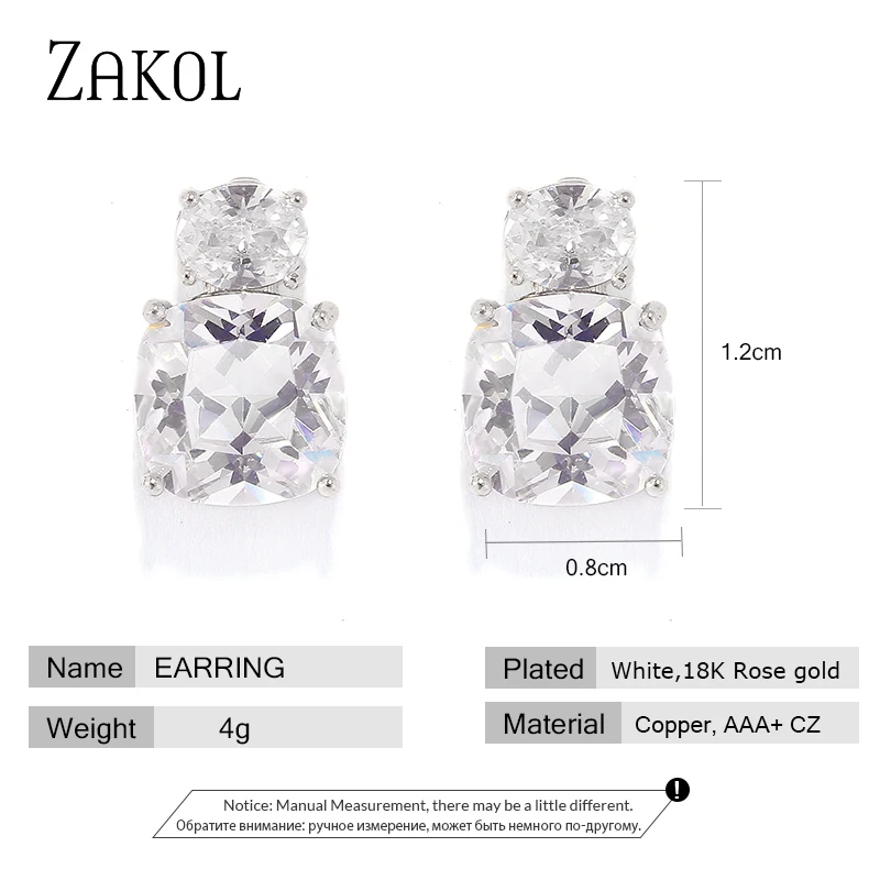 ZAKOL Trendy Crystal Bridal Earrings for Women Accessories Simple Blue White Square Cz Zirconia Stud Earrings Jewelry