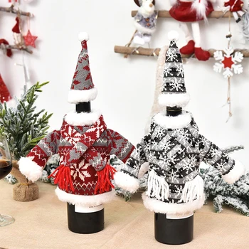 

Cute Wine Bottle Covers Topper Knitted Sweater Scarf Cap Holiday Cover Set Christmas Party Festival Dinner Table Decorations