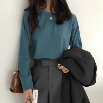 

spring autumn T-Shirts Women Korean clothes Solid Color Loose All-match Leisure Simple t shirt Long Sleeve O-neck Student tops