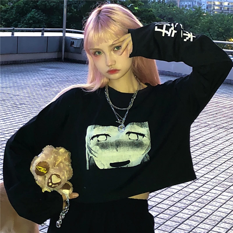Черный Японский Harajuku Женский Осенний черный короткий топ готичный панк стиль аниме мультфильм Письмо печатная объемная футболка хип хоп Милая футболка рубашка - Цвет: Черный