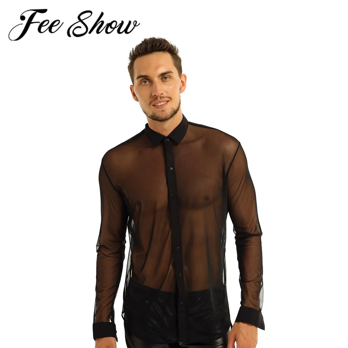FEESHOW мужская Одежда для танцев Мужская модная прозрачная блузка с длинным