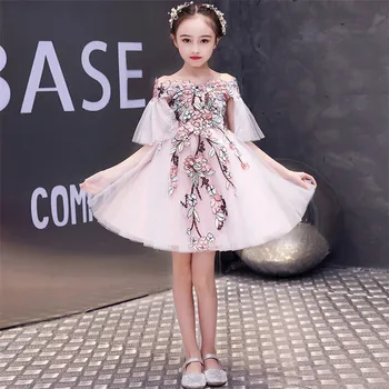 

Baby Infant Elegant Shoulderless Collar Embroidery Flowers Birthday Holiday Party Princess Prom Dress Kids Piano Host Tutu Dress