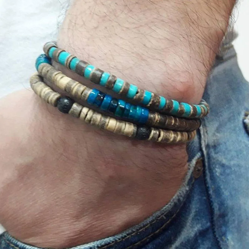 Mens surfer Beaded bracelet, Mens stacking Stretch bracelets, Mens boho bracelets Hematite Bracelet - Image 3