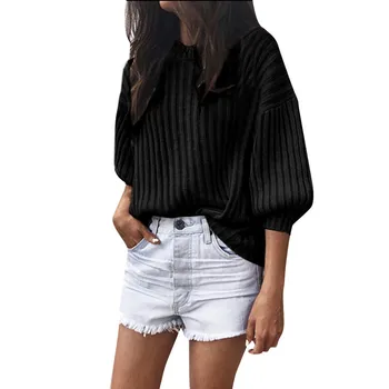 

Ribbed Spring Autumn Sweater Women Solid O Neck Latern Sleeve Truien Pollover Shawl Knitted Sweaters Mujer Oversize Tops Blouse