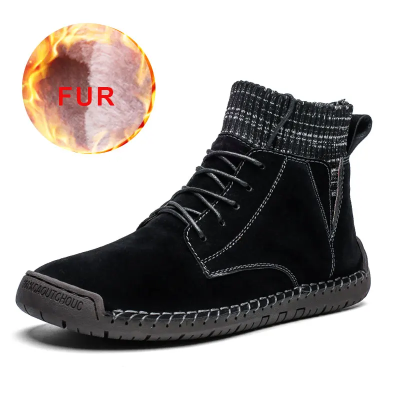 Winter Ankle Boots Men Fur Warm Plush Mens Boots Suede Casual Non-slip Men Shoes Flat Plus Size Comfortable British Style