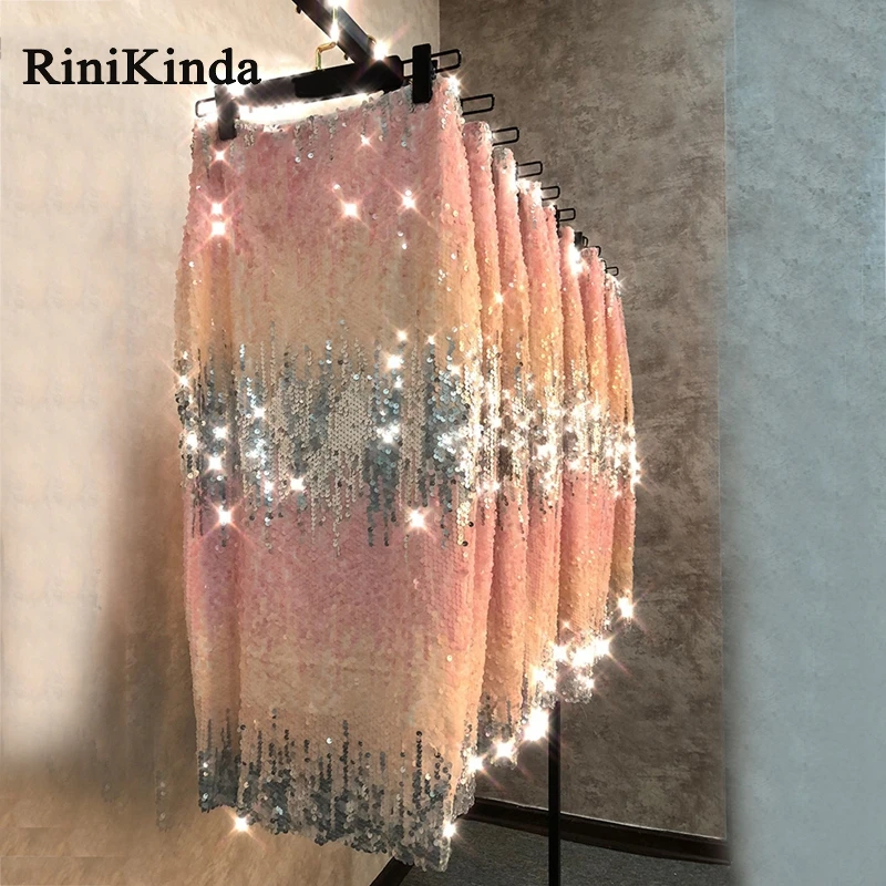 

RINIKINDA Women Skirt Midi Casual High Waist Sequin Sexy Skirt Slit Pencil Skirts Womens Plus Size Autumn Winter Jupe Femme 2019