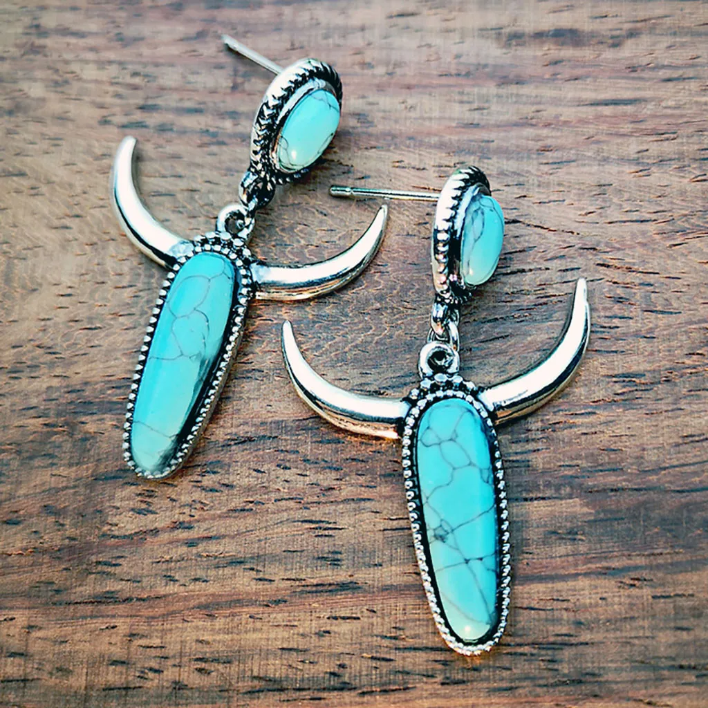 

Vintage Boho Turquoise Gemstone Drop Dangle Hooks Earrings Wedding Engagement