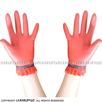 

Red And Black Trims Sexy Short Latex Gloves With Frills Rubber Mittens ST-0030