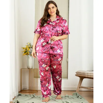 

2020 Summer 2 Pieces Women Plus Size Satin Pajamas Set Faux Silk Sleepwear Spring Homewear Suit Short Sleeve Sleepwear Pajamas